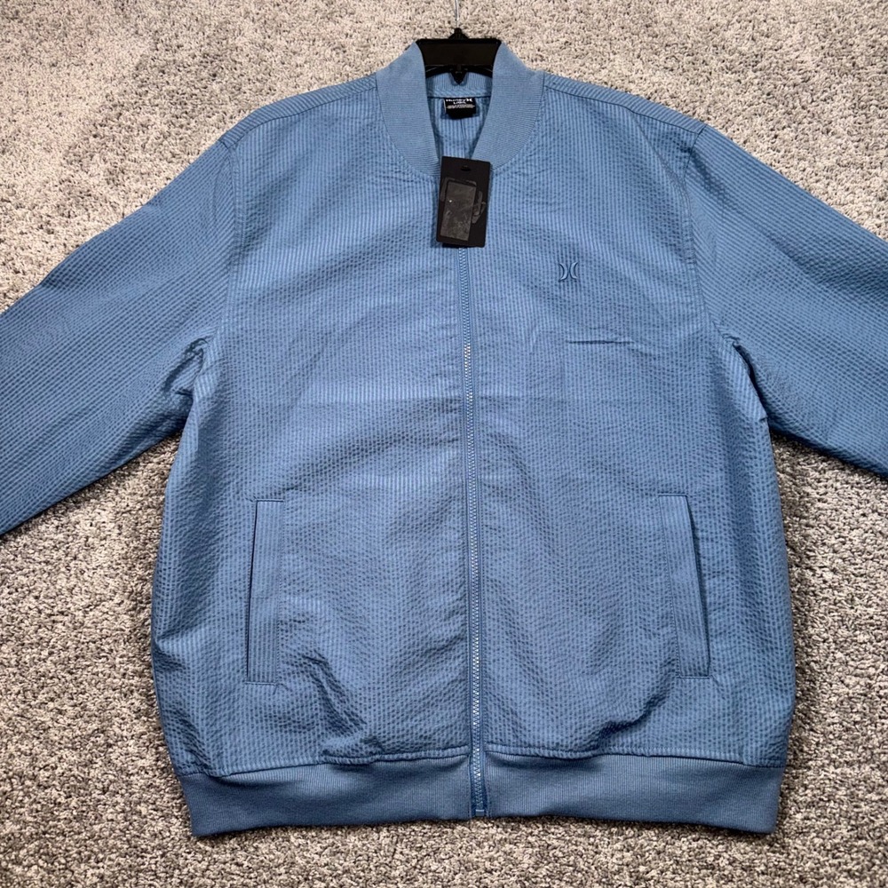 Hurley Seersucker Bomber Mens Textured Full Zip Jacket Hypnotic Blue Large NEW - Picture 2 of 8